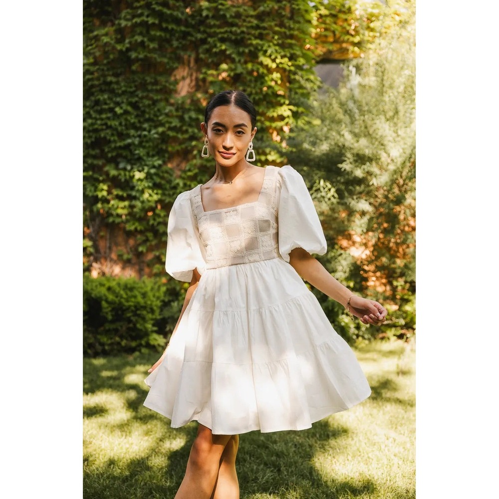 Aureum White Tan Tiered‎ Puff Sleeve Cottagecore Checkered Mini Dress Size Small
